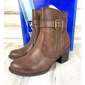 White Mountain Womens 8 Brown Faux Leather Ankle Boots Block Heel Chelsea NEW